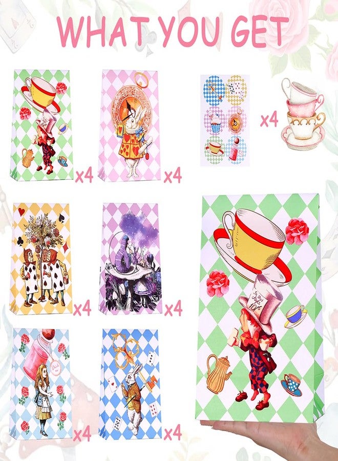 Htabiol Alice in Wonderland Gift Bags for Presents, 24pcs Alice in Wonderland Party Favors Goodie Bags with Sealing Sticker, Fit for Girl's Onederland 1st Birthday, Mad Hatter Tea Party Decorations - Image 2